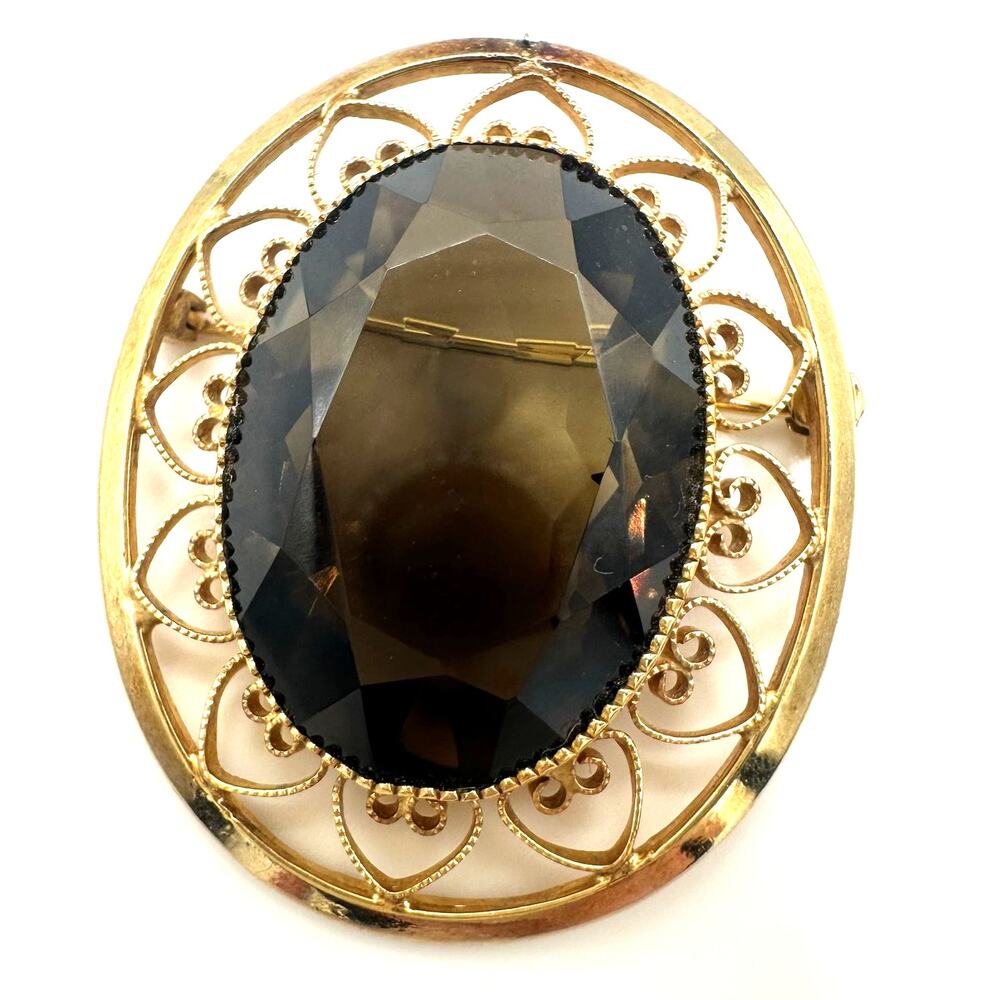 Catamore vintage 12kt yellow gold filled genuine 27.43ct smoky quartz brooch